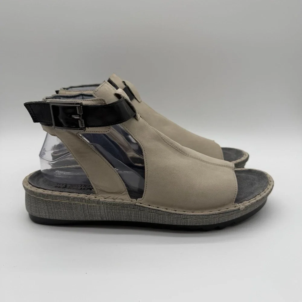 Naot Women's Verbena Leather Wedge Sandals Stone Nubuck Black Strap EU 42 US 11
